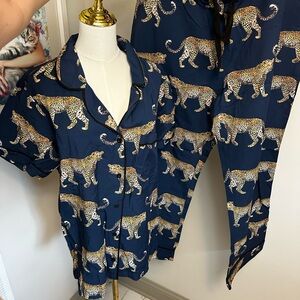 Katie Kime Navy Top with Yellow Leopard Panels